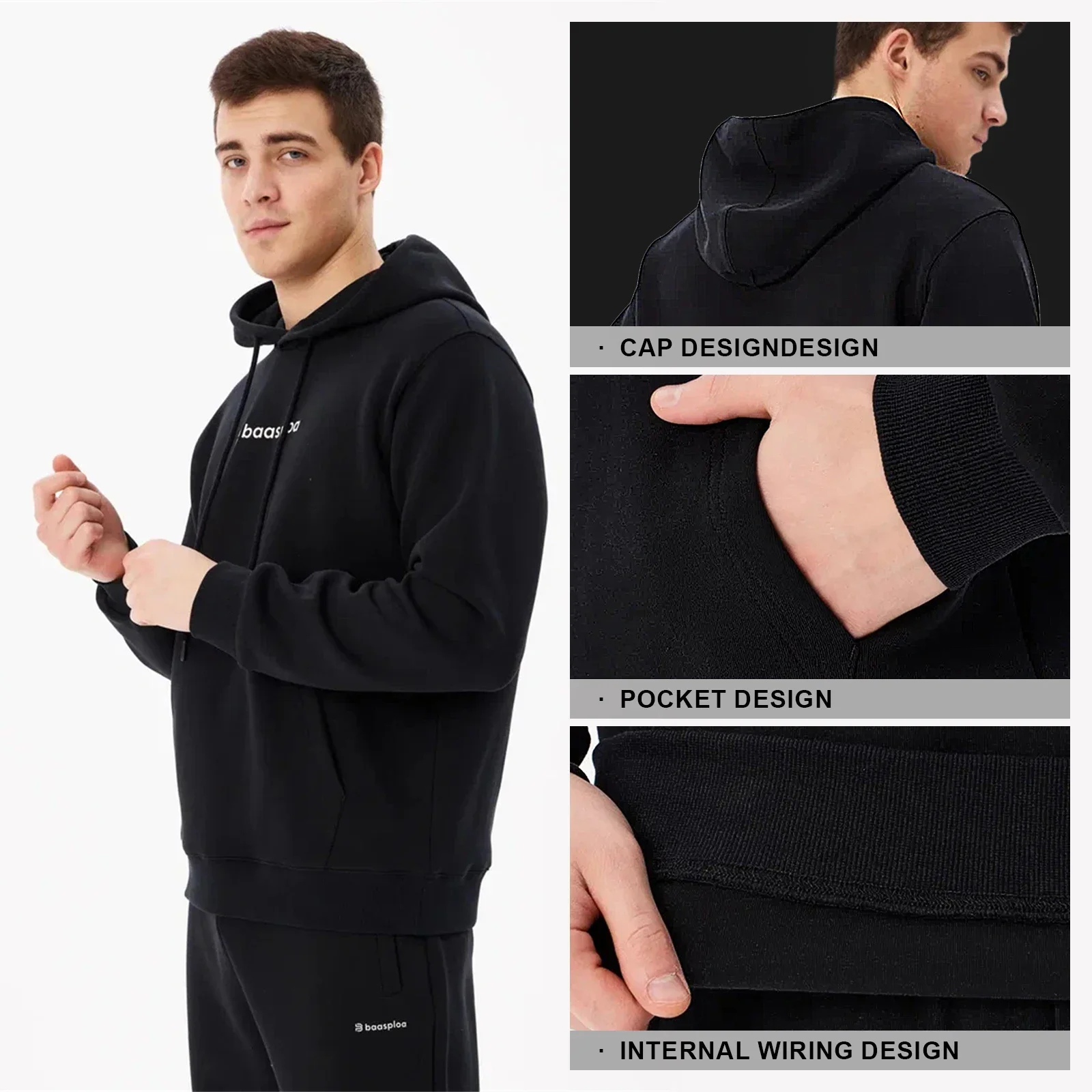 Baasploa Men Sport Hoodies Breathable Casual Sweaters for Man Training Fitness Hoodie Comfort Solid Sportswear Pocket Tops