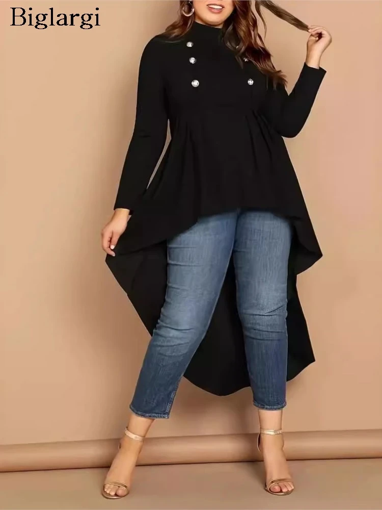 Plus Size Autumn Irregular Fishtail Long Tops Women Ruffle Pleated Office Long Sleeve Ladies Blouses Slim Waist Modis Woman Tops