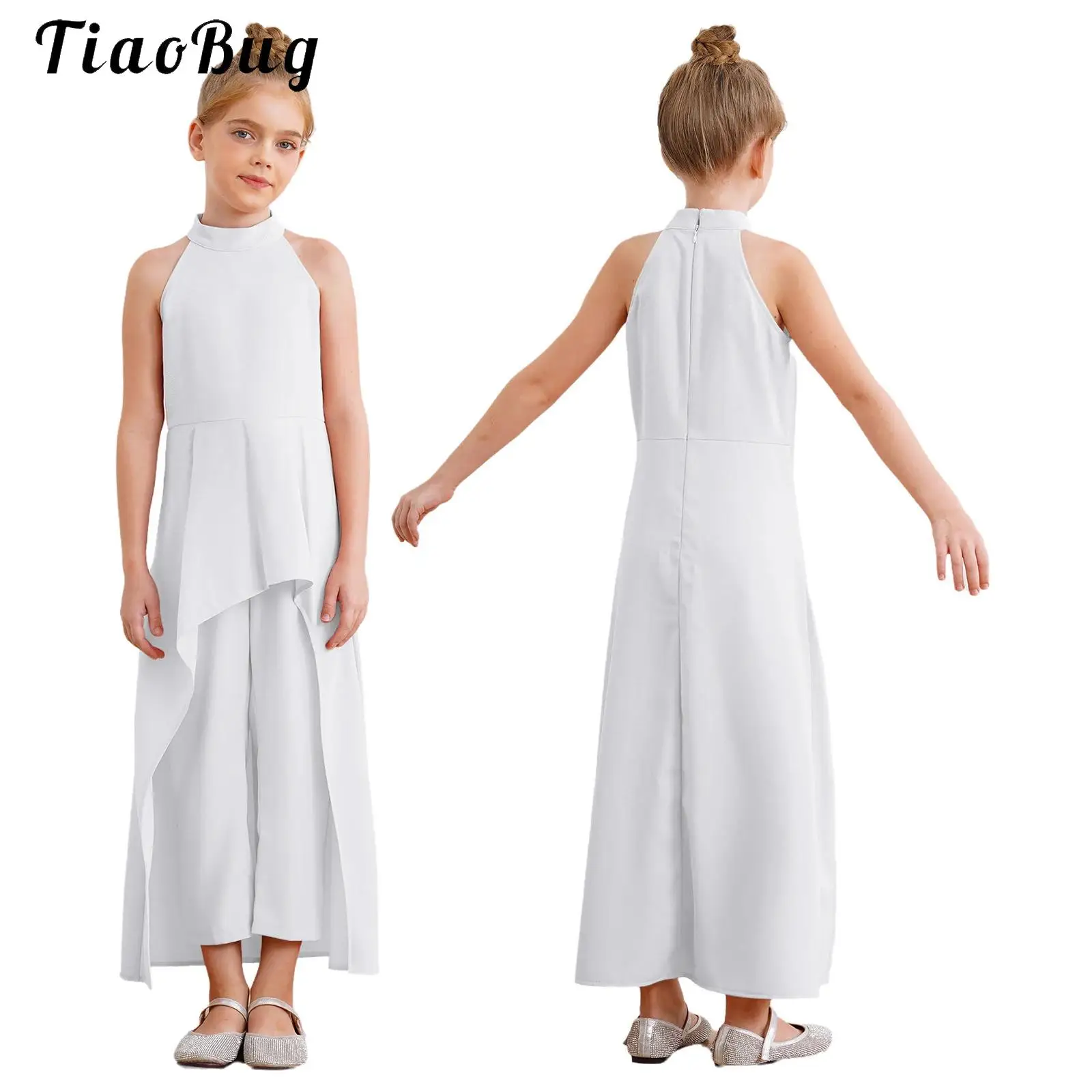 

Kids Girls Festive Jumpsuits Elegant High-Low Skirted Rompers Dress for Formal Prom Wedding Pageant Banquet Birthday Party