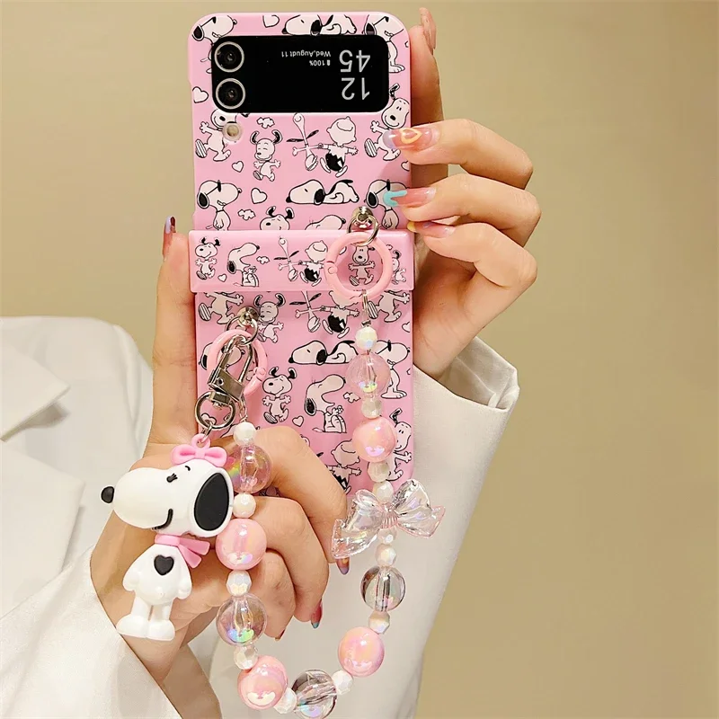 Cute Cartoon Snoopy Phone Case For Samsung Galaxy Z Flip 6 5 Candy Colorful Hard Plastic Cover For Z Flip 3 4 With Lanyard image 2