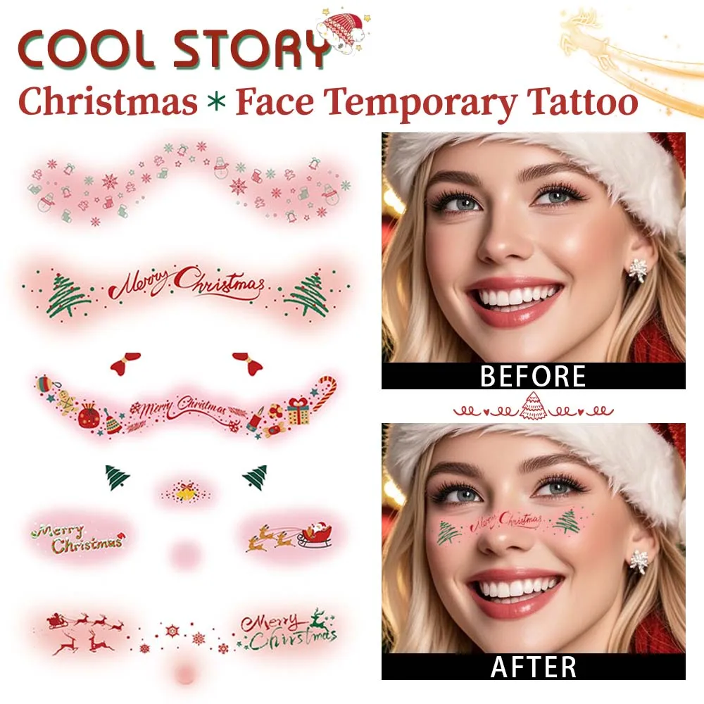 

Pack of 10 Christmas Temporary Tattoo Stickers for Women Holiday Face & Eye Stickers with Santa Gift Star Snowflake Patterns