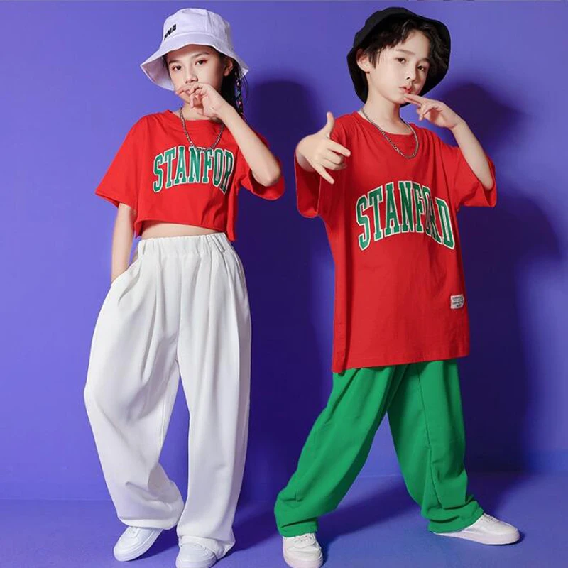 Kids Kpop Outfits Hip Hop Clothing Red Tshirt Top White Baggy