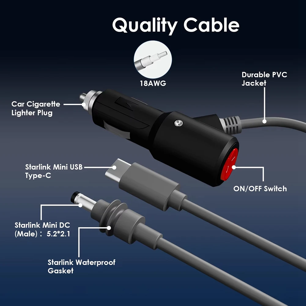 N91R-Power Cable For Starlink Mini Cigarette Lighter For Starlink Mini Extension USB C 12-20V Plug And DC Male