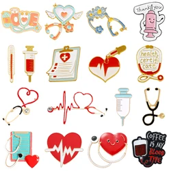 Creative Medical Equipment Red Love Enamel Pins Electrocardiogram Stethoscope Syringe Funny Alloy Brooch Badge Punk Jewelry Gift