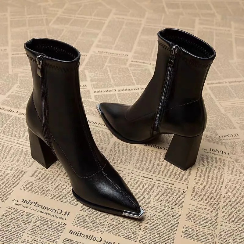 Damen Stiefeletten Blockabsatz High Heel Metallspitze Spitzer Zehenbereich Kurze Stiefel Reißverschluss PU Leder Herbst Winter Elegante Abendschuhe Büro Halbstiefel Bequem – Detail 8