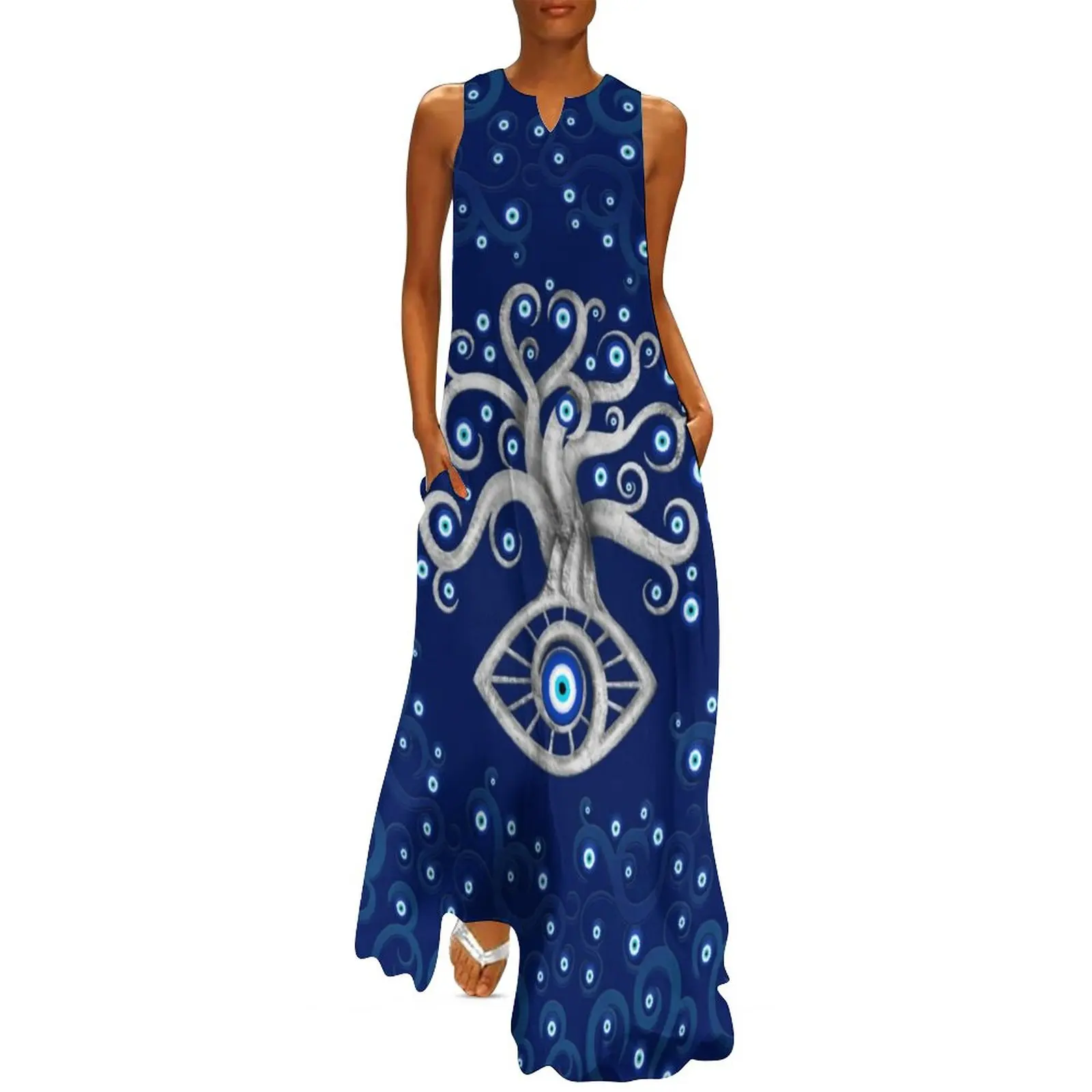 Greek Evil Eye Art Dress Summer Amulet Tree Print Street Wear Bohemia Long Dresses Female Print Elegant Maxi Dress Large Size