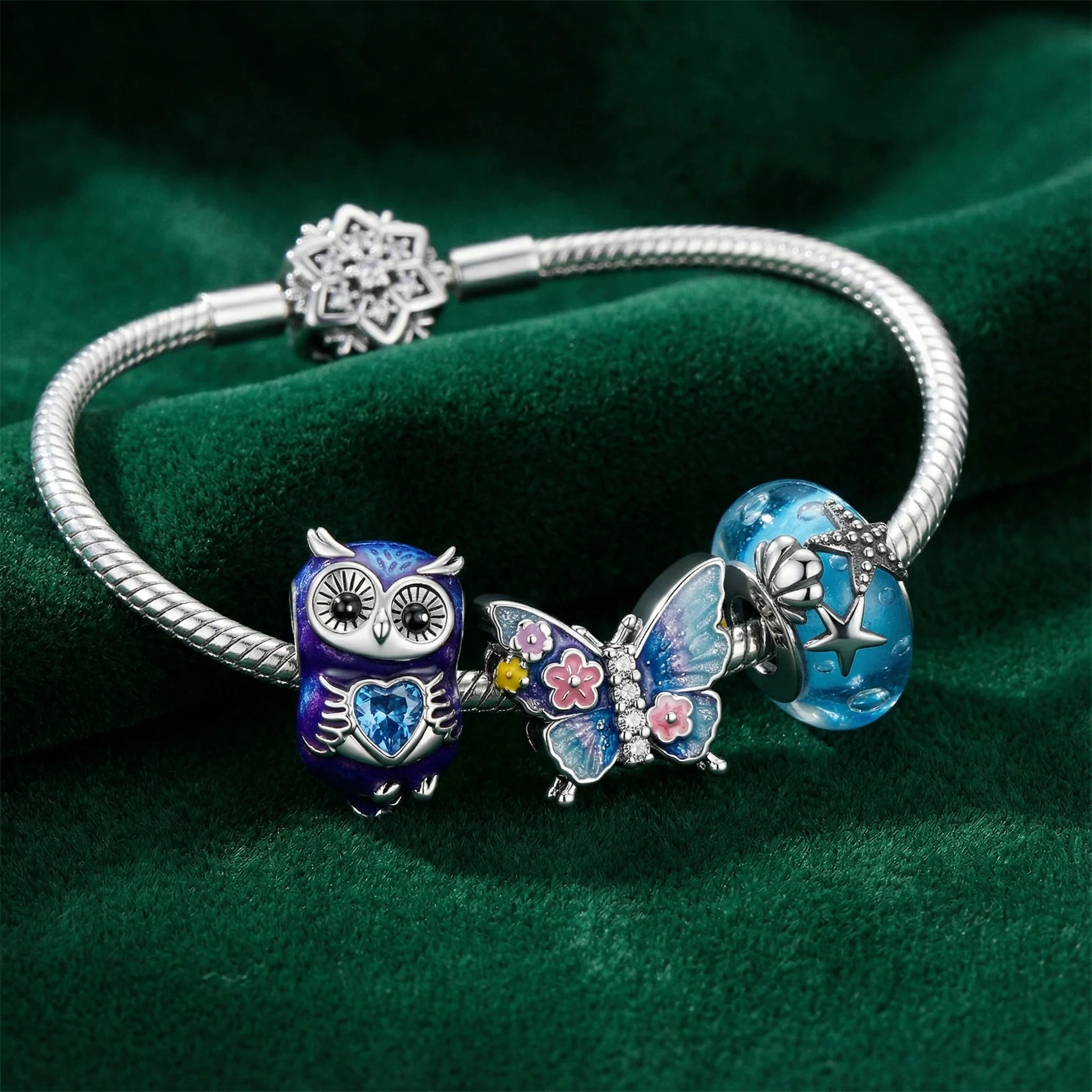 925 Sterling Silver Owl Butterfly Glass Charms Pendant with Cubic Zirconia,Fit DIY bracelet necklace Gift for Her,Colgante Plata