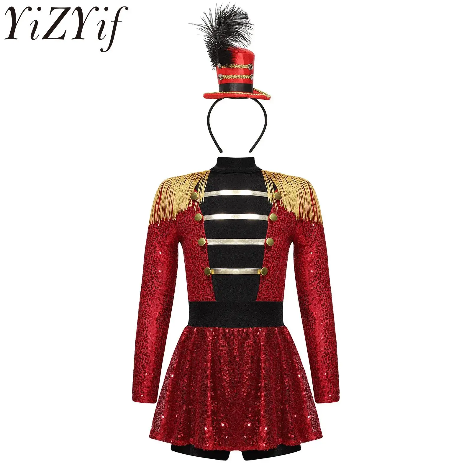 

Kids Girls Ringmaster Circus Costume Long Sleeve Sequins Cosplay Roleplay Leotard Dress Epaulet Tassels and Festival Headwear