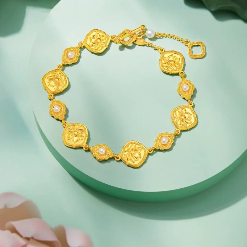 Luxury 100% Real 24K Gold "Good Things Happen" Golden Shell Pearl Beaded Bracelet Women New Chinese Style