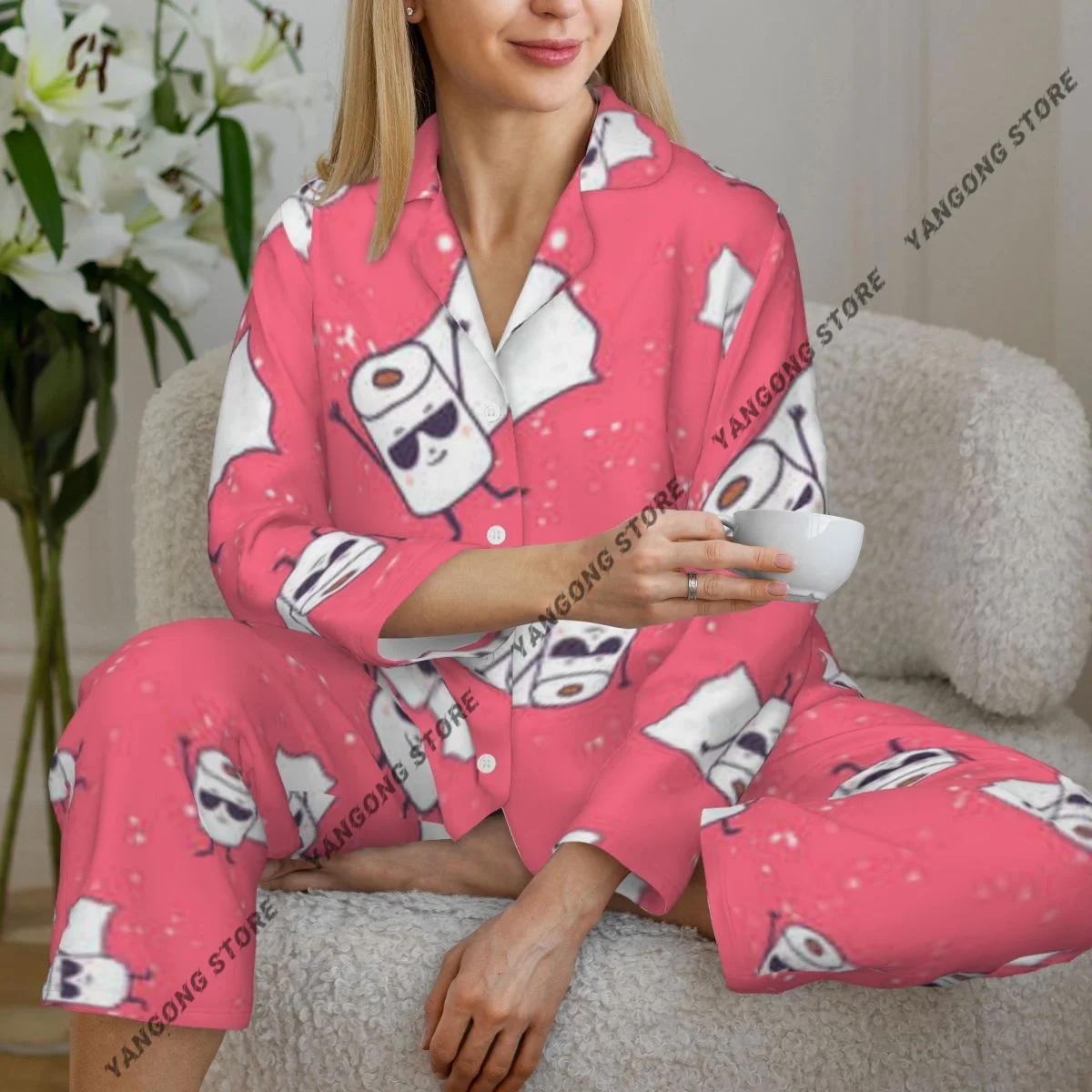 Spring and Autumn Long Sleeve Pants Pajamas Loungewear Set Cartoon Toilet Paper Pattern Women's Pull Edge Loose Sleeping Suit