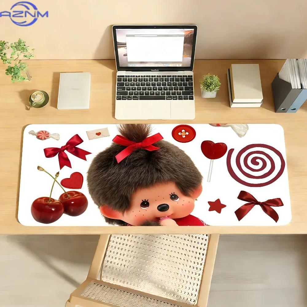 Cute Monchhichi Cherry Bow Candy Design Extended Mousepad, Non-Slip Rubber Base Large Desk Mat, Smooth Surface for Gaming Office