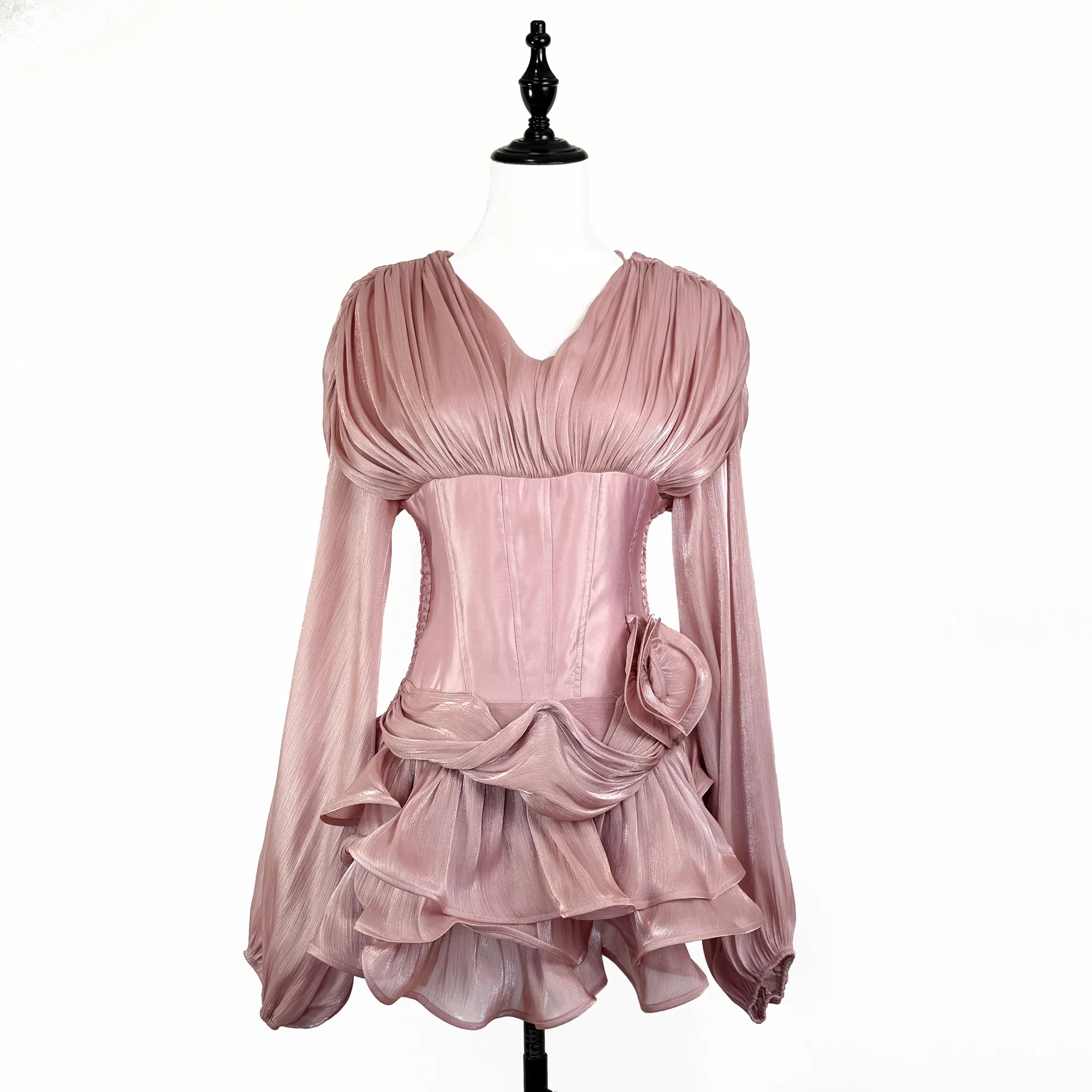 Luxury Satin Solid Slimming Ball Gown Dress for Women's V-Neck Long Sleeve Patchwork 3D Flower Zipper Mini Dress Female Clothes