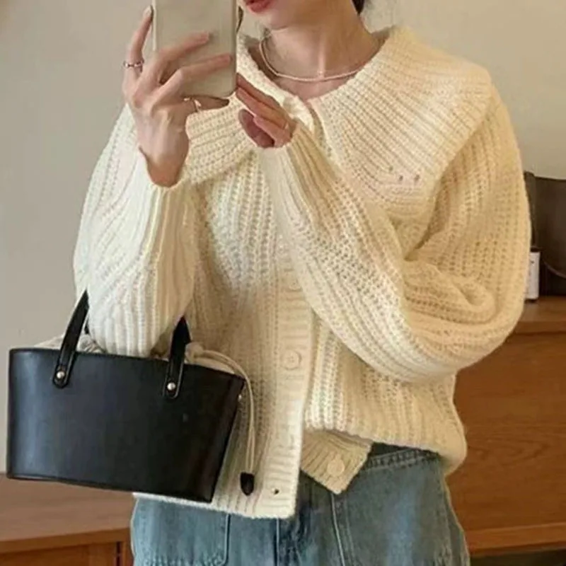 

Autumn Winter Sweater Cardigans Woman Japanese Style Cute Peter Pan Collar Knitwear Tops Solid Thickened Button-Up Sweaters Coat