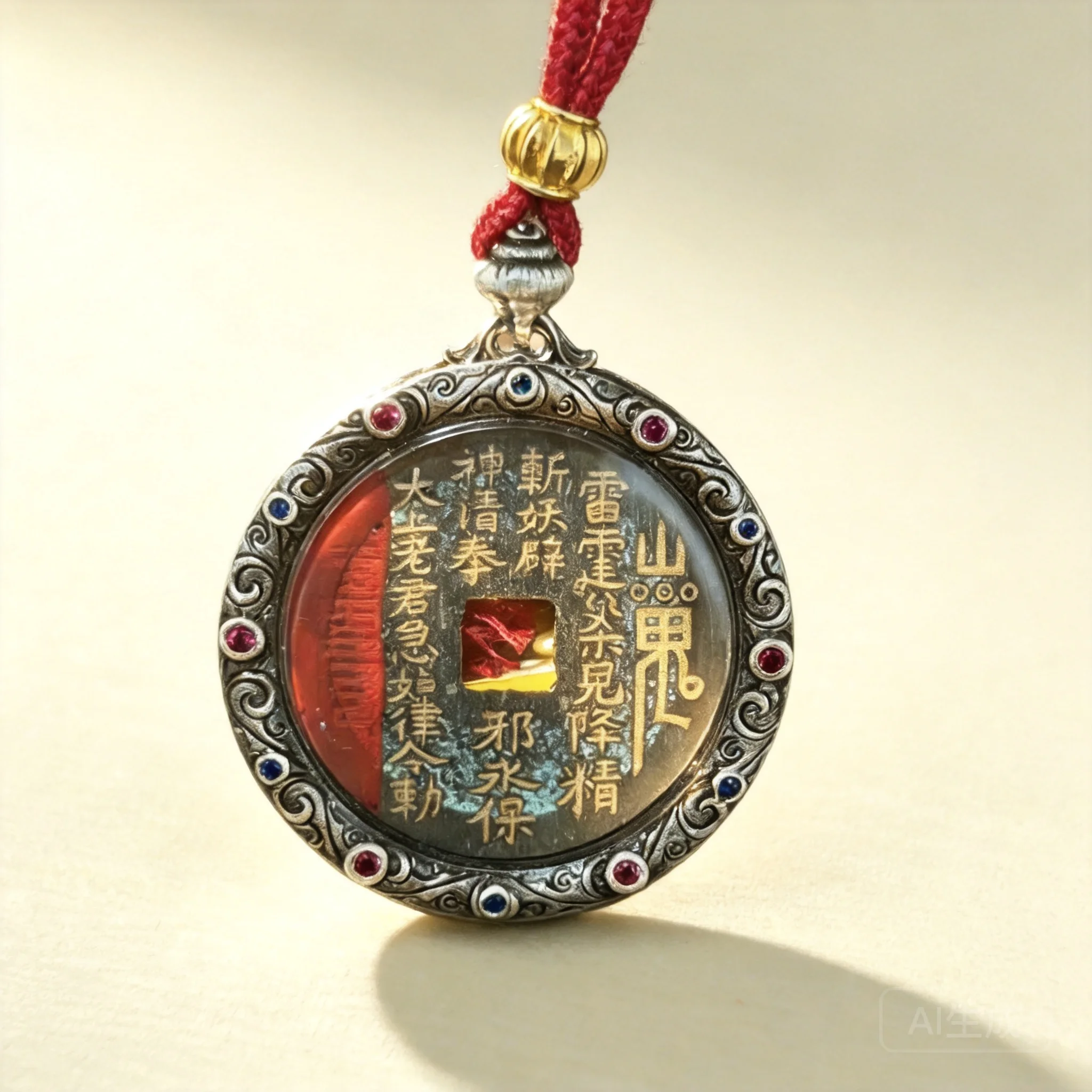 Pendentif pièce de monnaie fantôme de montagne en cinabre antique de style chinois, avec cordon rouge porte-bonheur, amulette de protection pour la richesse et la chance, bijou