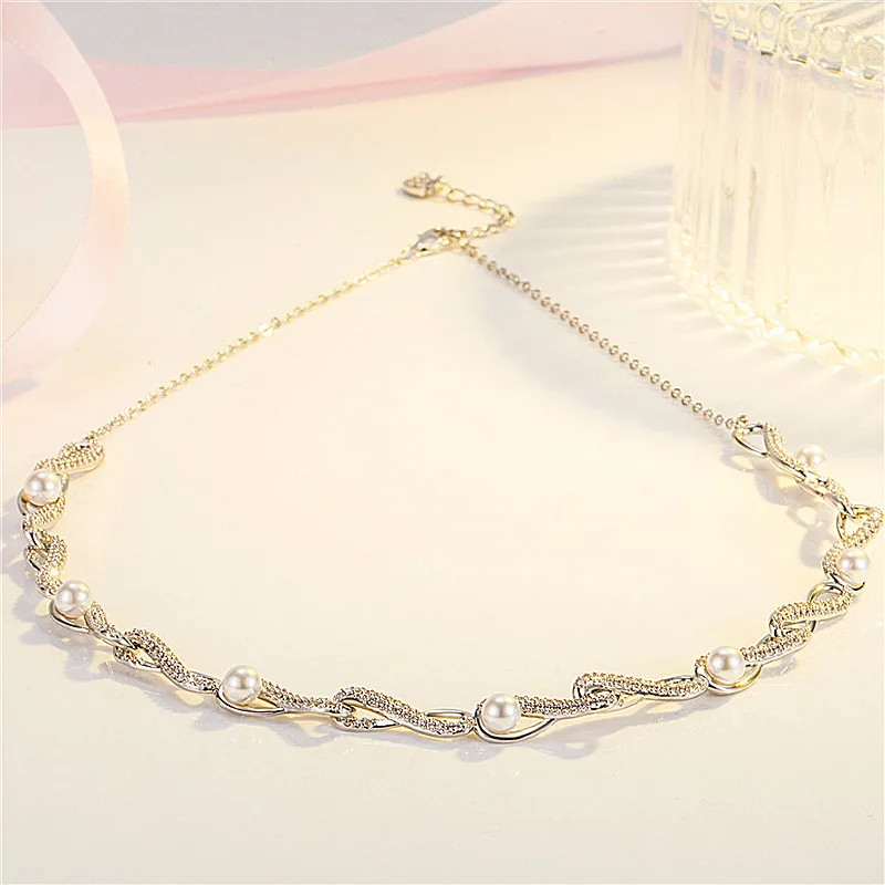 

Thai silver European and American full diamond micro-inlaid pearl zircon pendant necklace set chain, exaggerated 8-shaped interw