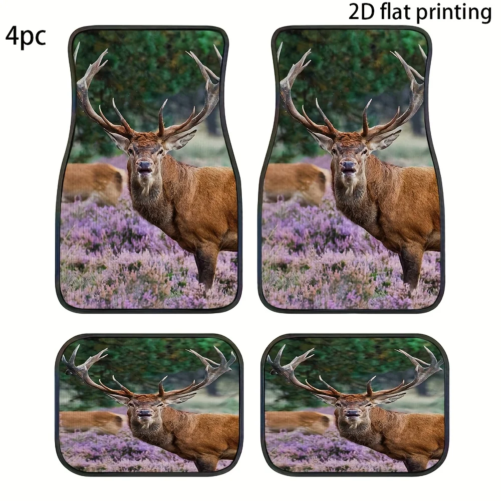 4pcs Car Floor Mats, Deer Antler Pattern Universal Fit Material Easy To Clean Wear-Resistant Auto Decor Accessories Machine Wash
