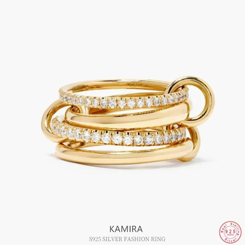 

KAMIRA 925 Sterling Silver Rock Cool Chic Design Four Consecutive Wear Stacked Zircon Rings for Women Luxury Party Punk Jewelry