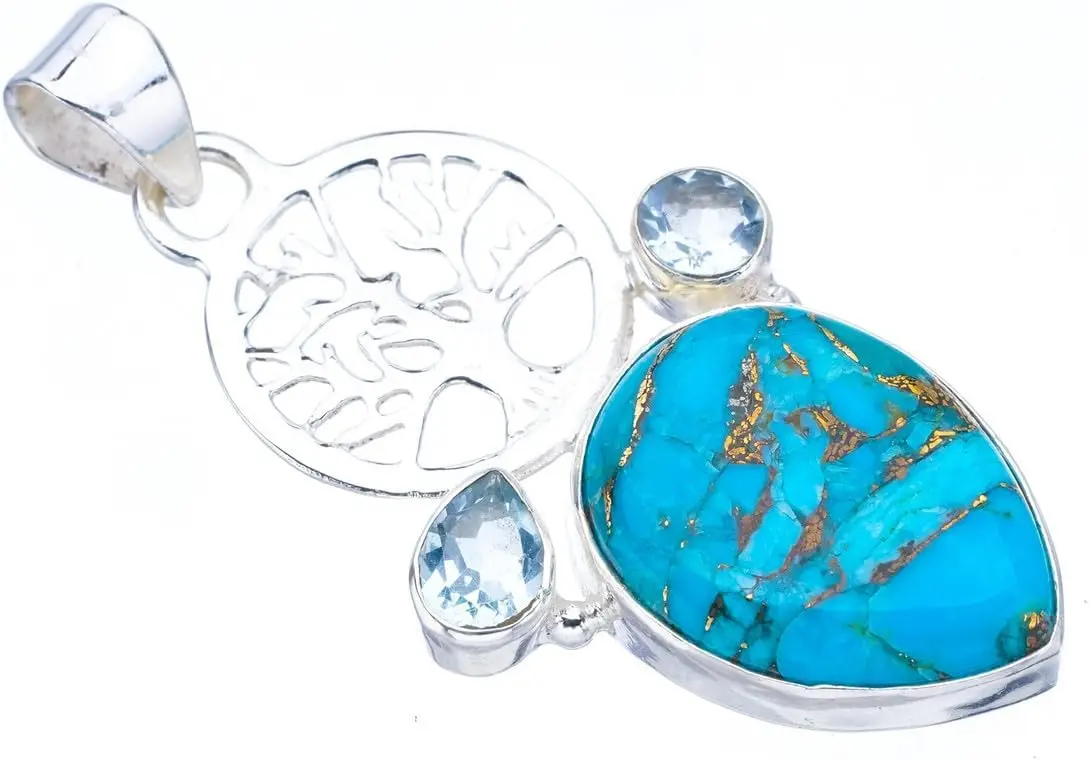 

Hesy StarGems Natural Copper Turquoise Blue Topaz TreeHandmade 925 Sterling Silver Pendant 2" F3872