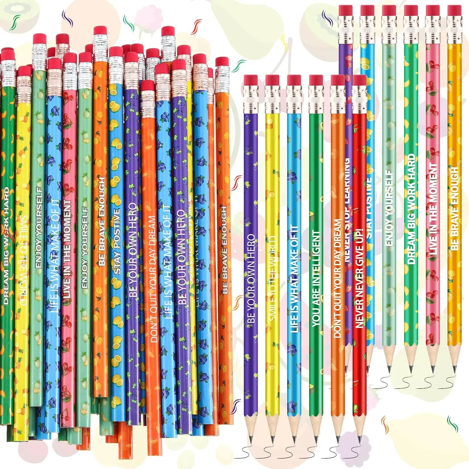 24 Scented Pencils Bulk - Motivational Fruit Wood Pencils with Erasers for Kids School Supplies
