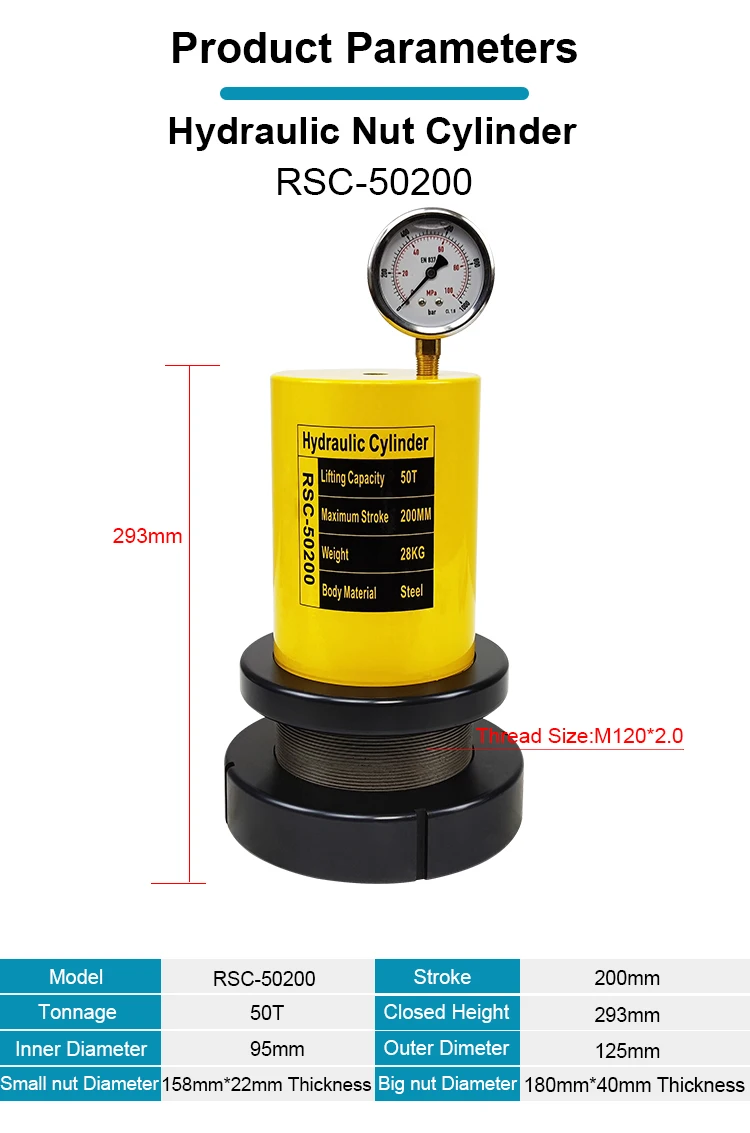 RSC-50200 50Ton 200mm Stroke Lock Nut Hydraulic Jack Cylinder