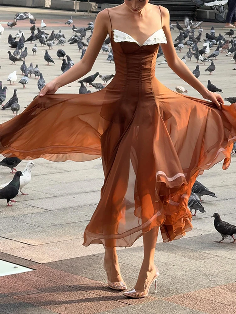 Elegantes Damen-Mesh-Slip-Kleid, rückenfrei, ärmellos, mit Rüschensaum, Partykleid, A-Linien-Kleider, Sommer 2026, tailliertes Damen-Vestidos
