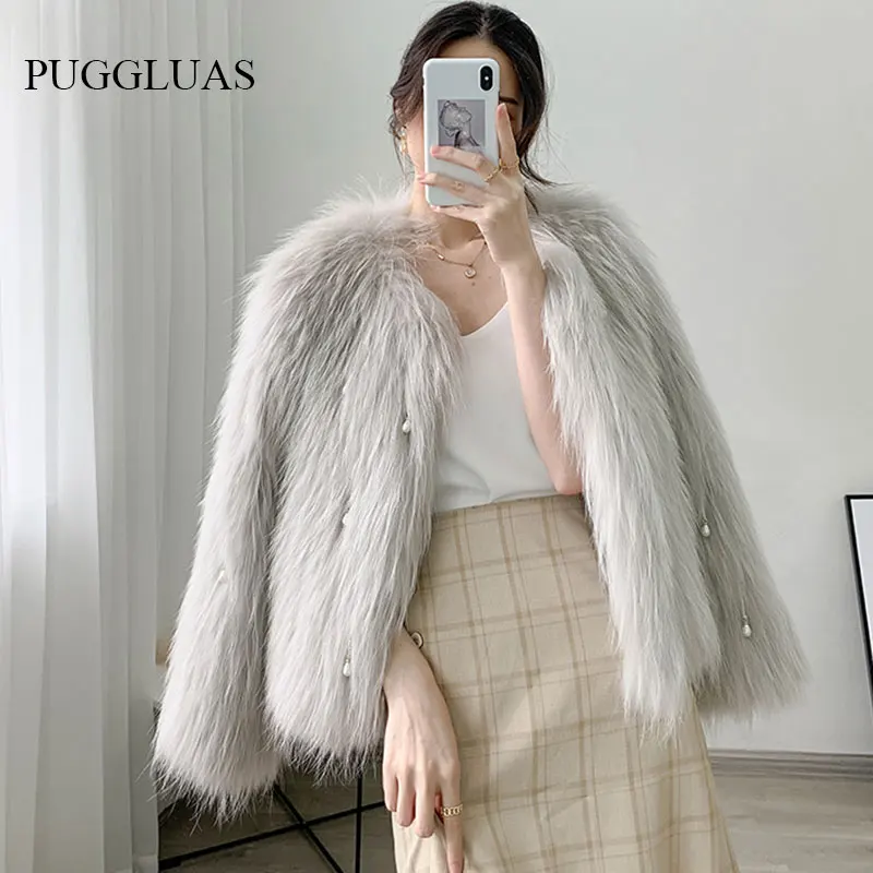 

Autumn Fashion Faux Fox Fur Coat Women Korea Fashion Pear Beading Feather Coats Loose Short Outercoat Lady Party Elegant Outfits