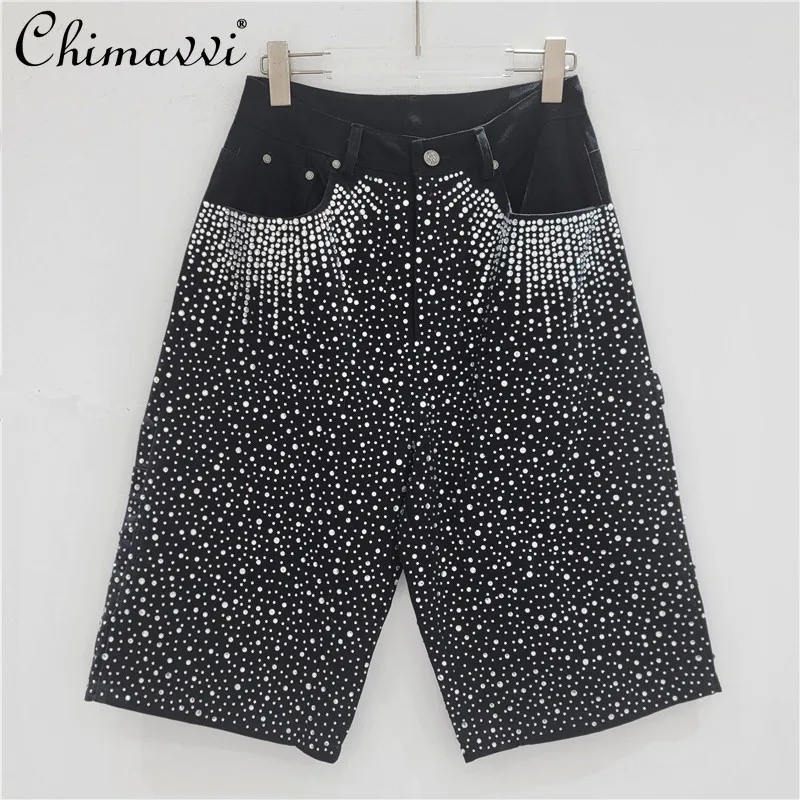 

Han Fashion Heavy Industry Bright Hot Diamond Loose Casual Straight Wide Leg Shorts Summer New High Street Loose Women's Jeans