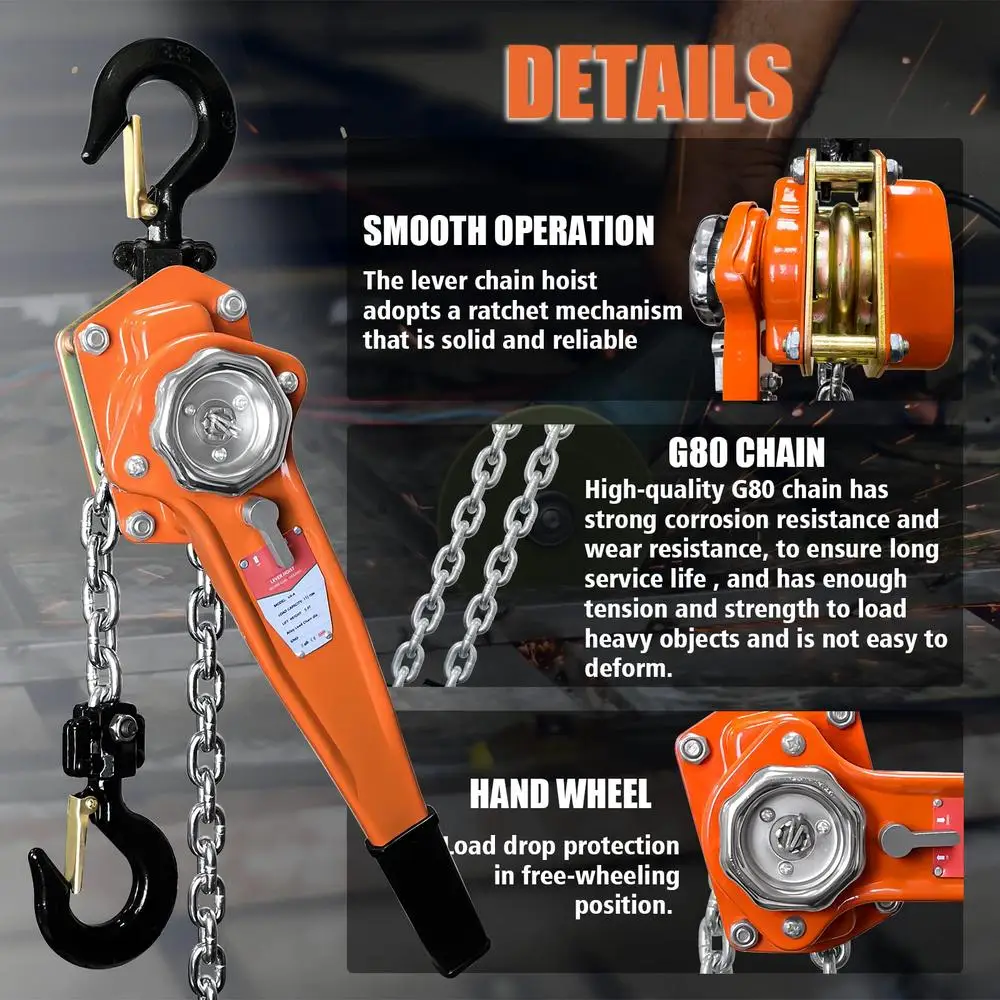 20 ft Lever Chain Hoist 3300 lbs Load Capacity Manual Ratchet Come Along Tool