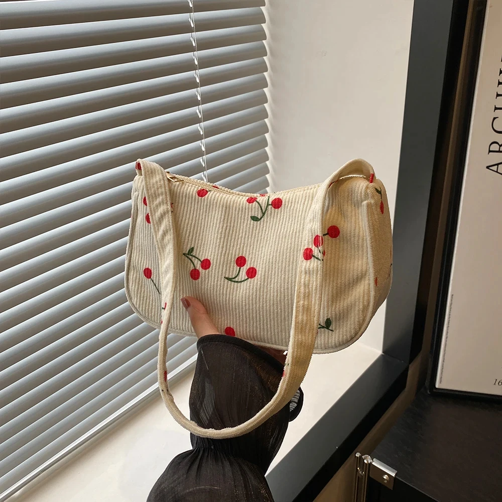 Women Fashion Casual Underarm Bag Sweet Cherry Print Corduroy Shoulder Bag Girls New Simple Travel Portable Makeup Pouch Handbag