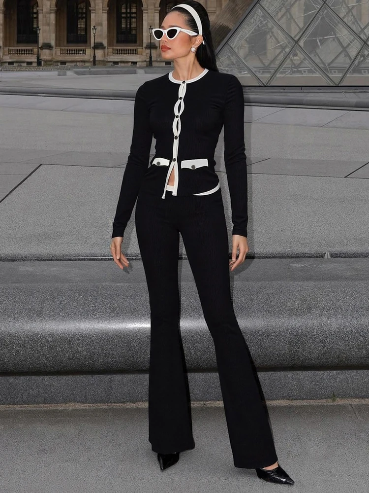 Kliou feminino estilo escritório 2 peça conjunto outono diário painéis guarnição manga cheia único breasted topos + calças finas feminino casual terno