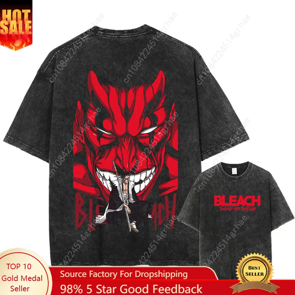 

Anime Bleach Washed Tshirt Harajuku Streetwear Vintage Graphic T-Shirt Summer Hip Hop Short Sleeve Cotton Men Women Top Tee