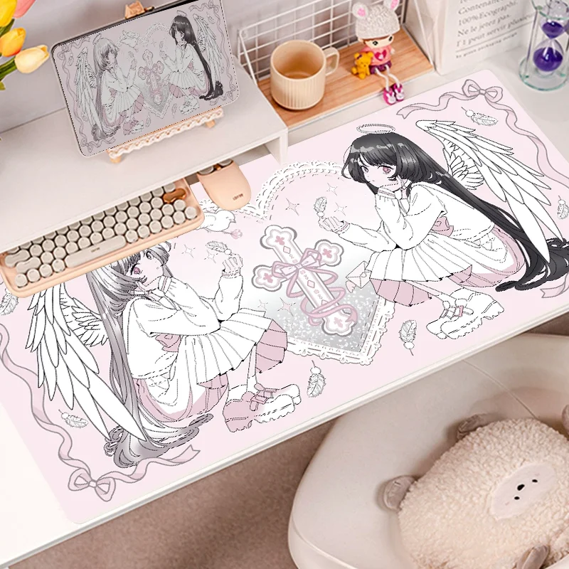 

Original Angel Girl PU Leather Mouse Pad - XXL Pink Kawaii Desk Mat for Girls, Cute Laptop Keyboard Cover with Non-Slip Base
