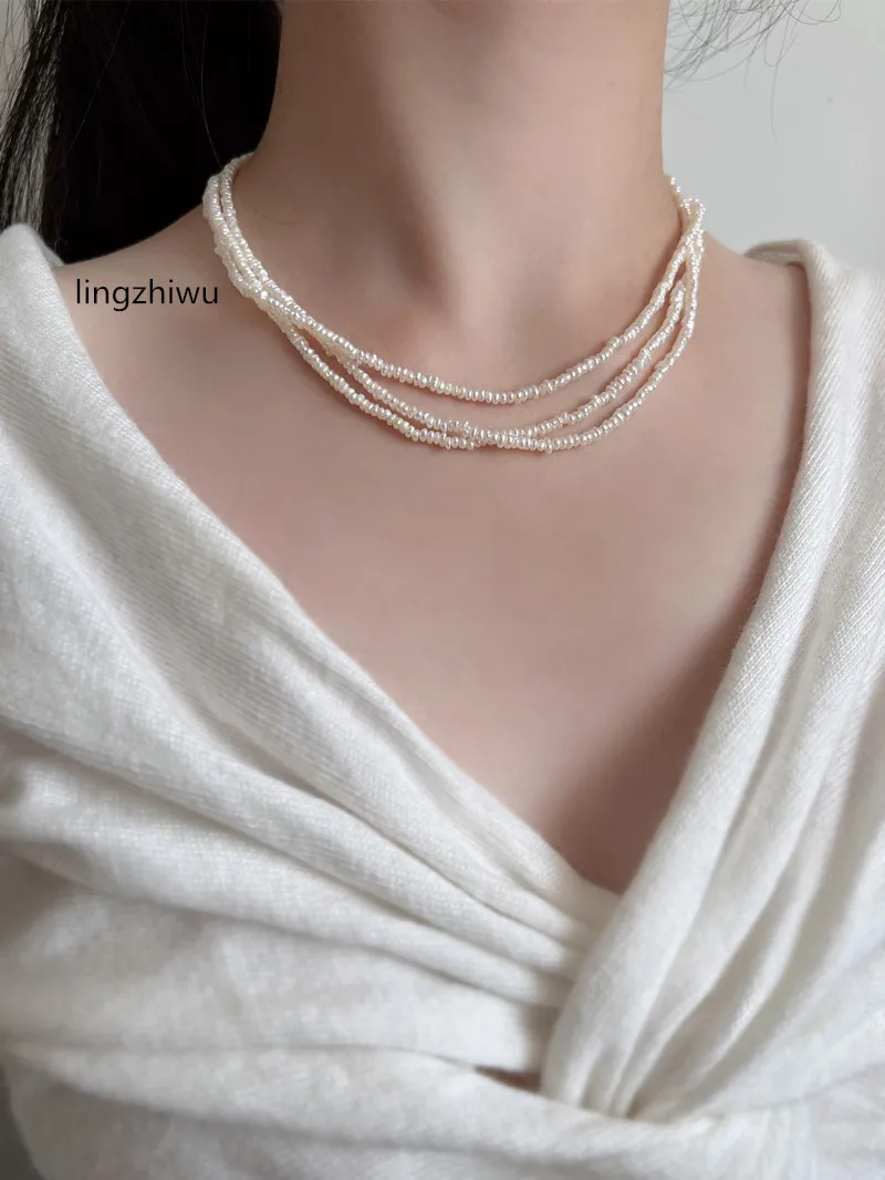 lingzhiwu Women Natural Multi-Layer Pearls Necklace MINI Little Pearls Necklaces American 14K Gold Plate Vintage Baroque Chain