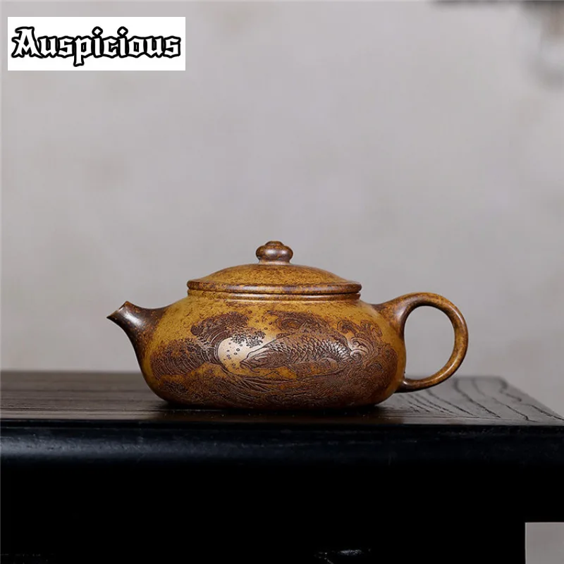 180ml Ancient Yixing Purple Clay Teapots Handmade Fish Play Pot Raw Ore Wood-fired Section Mud Kettle Zisha Tea Set Collection