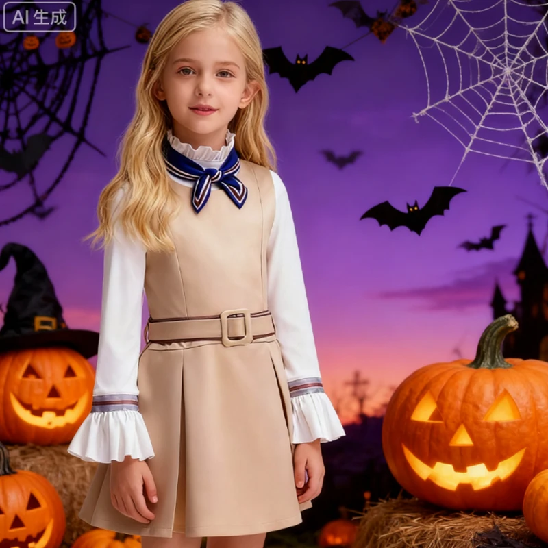 

Girl Halloween Costume Kids New Movie M3GEN Cosplay Dress Girl Clothes Causal School Uniform Long Sleeve White Blouse+Dress Set