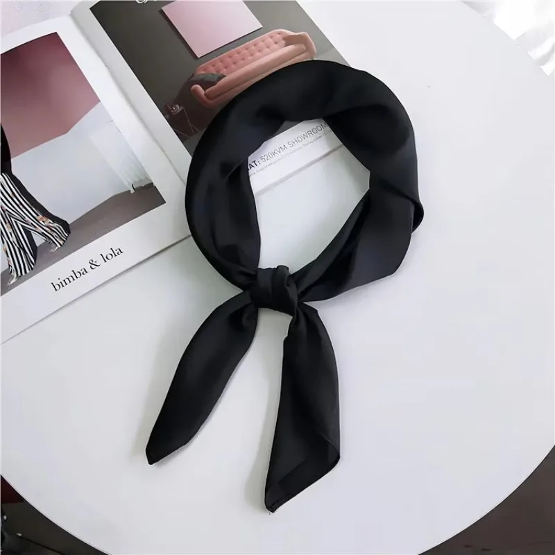 70*70cm Solid Silk Handkerchief Small Hair Scarf For Women Cute Plain Bag Scarfs Female Green Black Pink Neck Scarves For Ladies