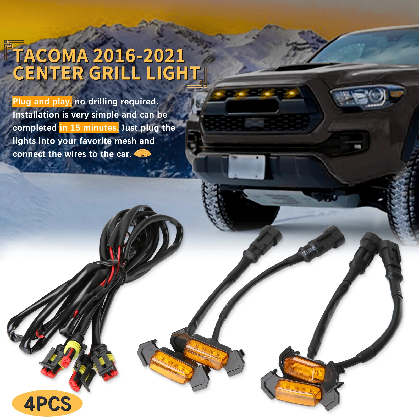 

4PCS 6000K Amber Lens Front Grille Amber LED Lights with Wiring Harness Kit For 2016-up Toyota Tacoma w/TRD Pro Grill 12V