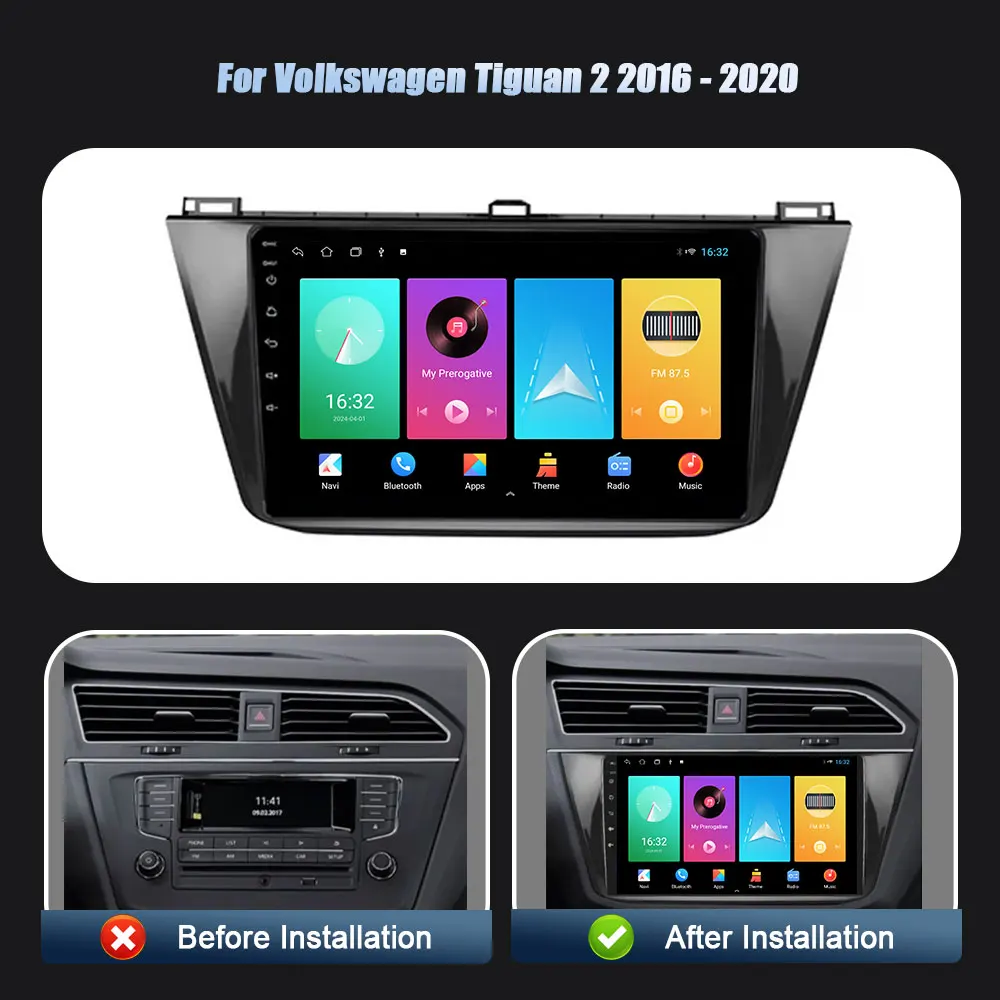 Wireless Carplay Stereo Car Radio Multimedia Navigation Player 2DIN Head Unit Android 14 For Volkswagen Tiguan 2 2016-2020