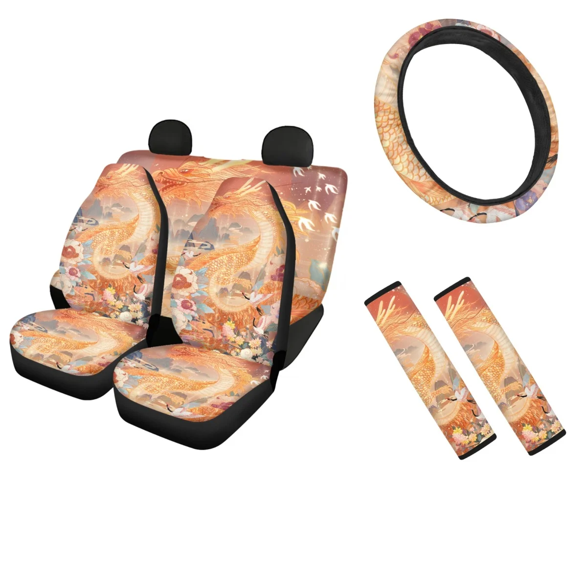 Orange 3D Cool Dragon Car Seat Covers Full Set of 4pcs Steering Wheel Cover Comfortable Seat Belt Sets Covers Slip-Resistant