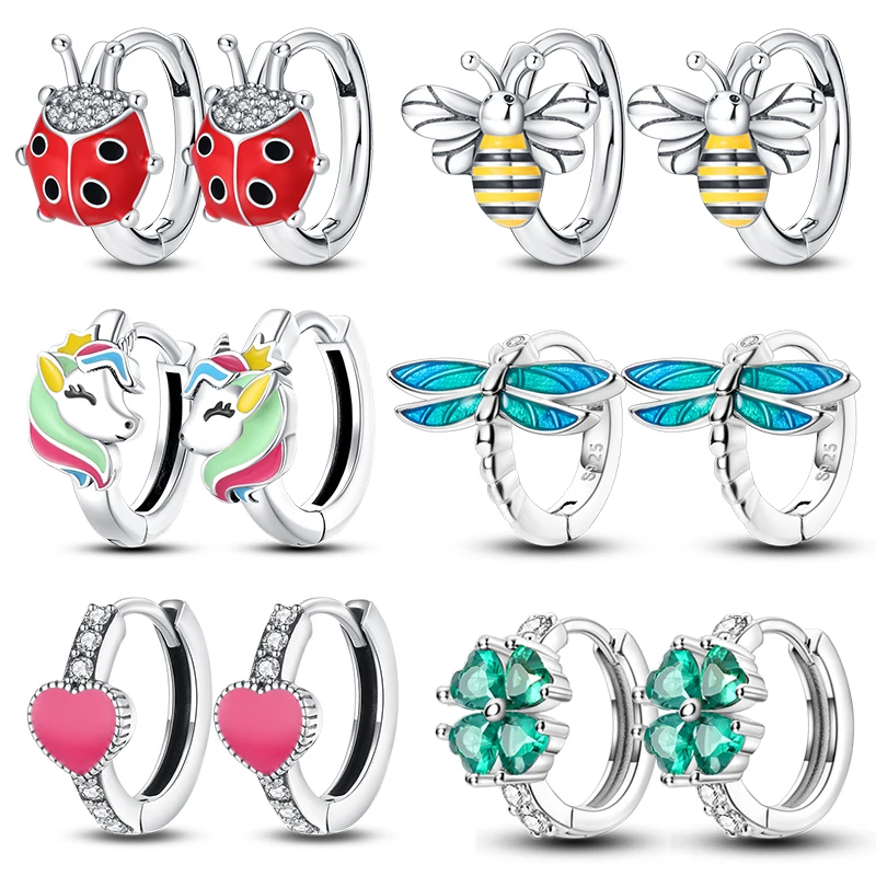 Springtime Earrings For Women 925 Silver Plated Double Hoop Butterfly Bees Ladybird Insect Earrings Party Jewelry Birthday Gifts