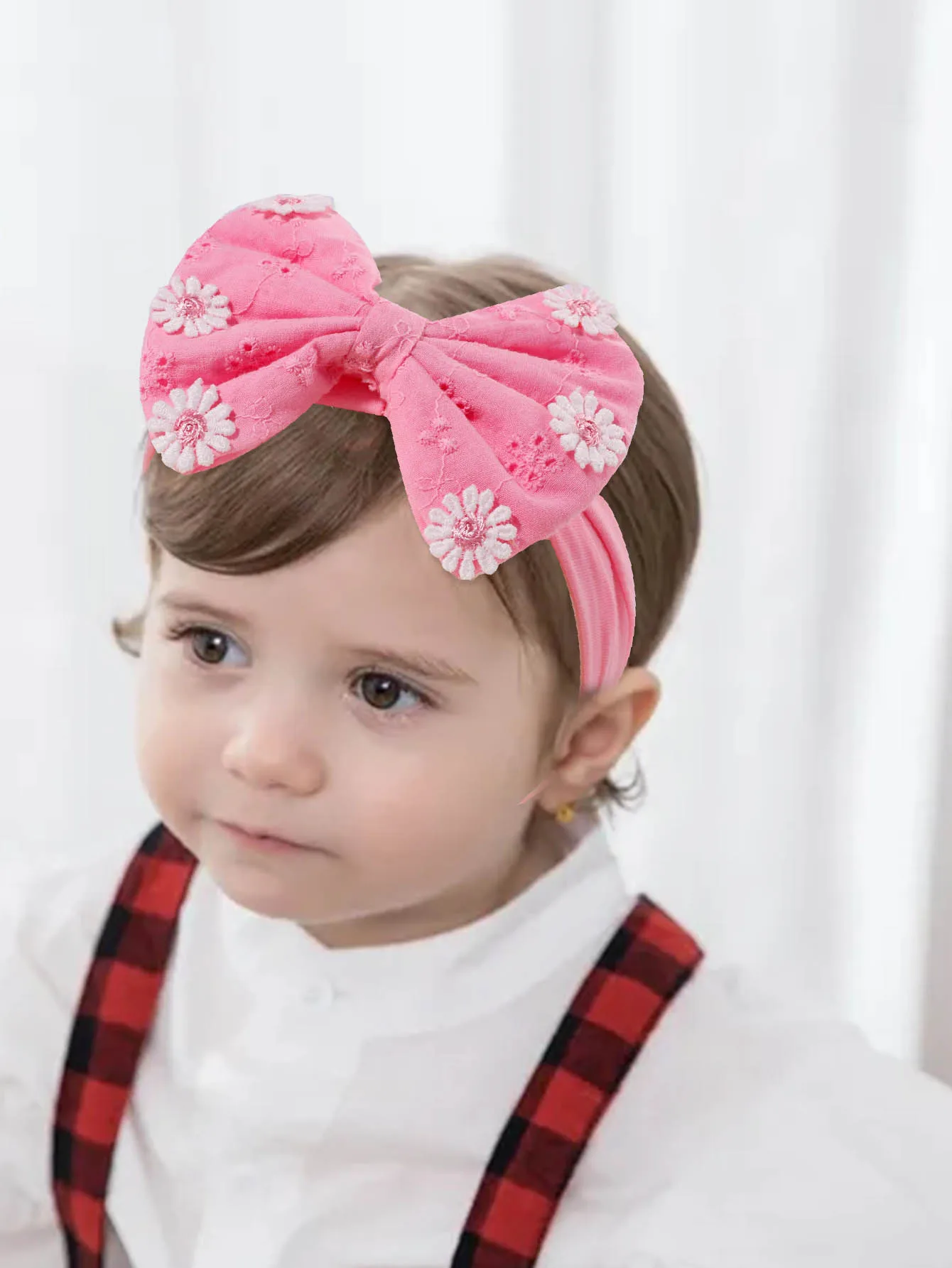 1 PC Baby Pink Bow Headband with Flowers Pattern Elastic Bow Headband for Baby Soft Fabric Bow Headband Toddler Hair Accessories