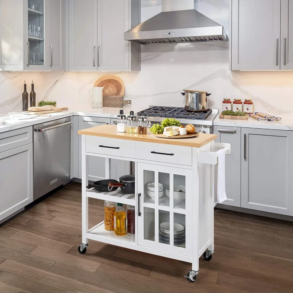 Kitchen Island on Wheels with Drawers, Rolling Kitchen Cart with Tempered Glass Storage Cabinet Door, Bamboo Top 2 Tiers Shelves