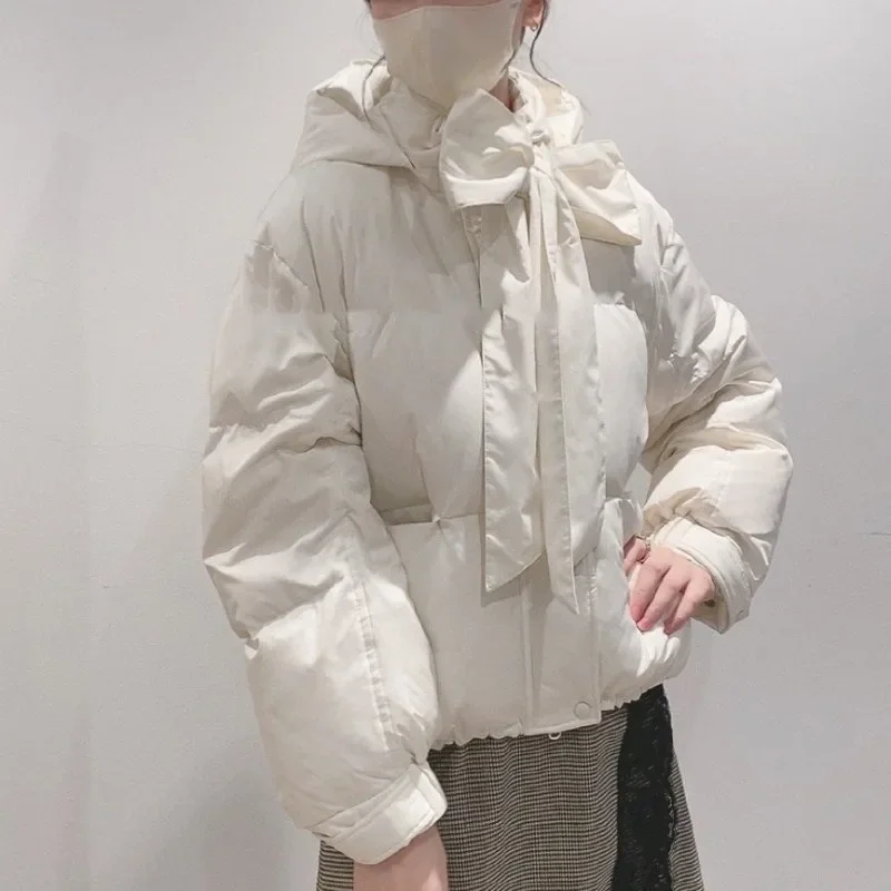 Parkas à capuche à col montant à lacets avec nœud doux, imprimé décontracté, manches longues, chaud, nouveau, japonais, vestes chics, 2024