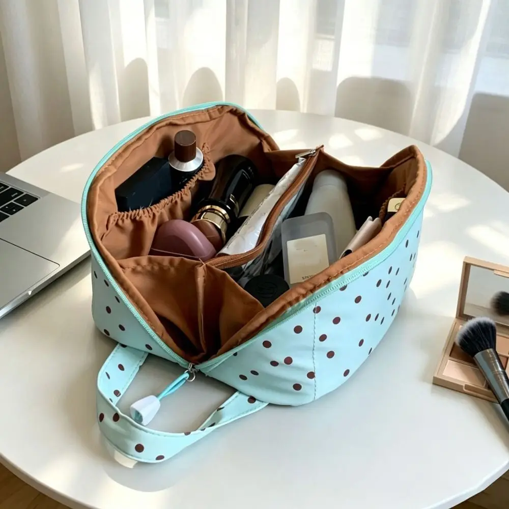 Makeup Case Portable Polka Dot Makeup Bag Large Capacity Partition Cosmetic Bag Embroidery Bow Storage Pouch Toilet Bag Travel