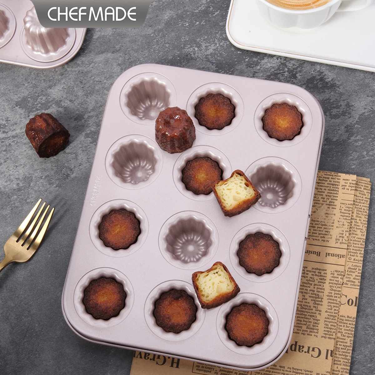 Mini 12/20Cups Non-Stick Canelé Mold, CHEFMADE Baking Tray for Butter Rice Cake, Brazilian Bread