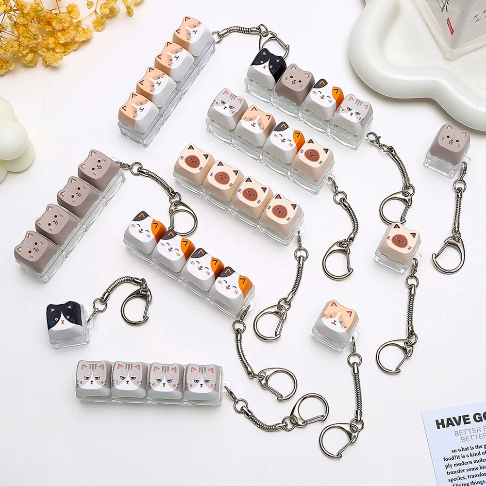 Cute Cat Clicker Keyboard Fidgets Keychain With Led Lights Portable Decompression Toys Diy Mechanical Switch Keycap Accessory