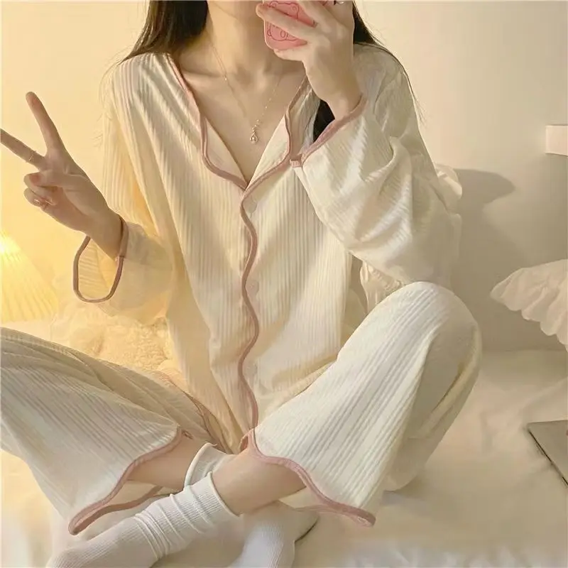 

Ins style women's simple long sleeved long pants pajama set Spring/Autumn girl style solid color sweet cardigan home suit set