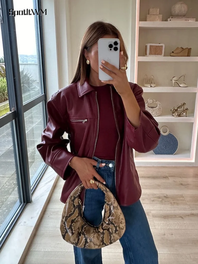 Red Women Leather Jacket Fashion Basic Zipper Turn Down Collar Long Sleeve Short Jackets 2024 Lady Autumn Warm Street Outerwear