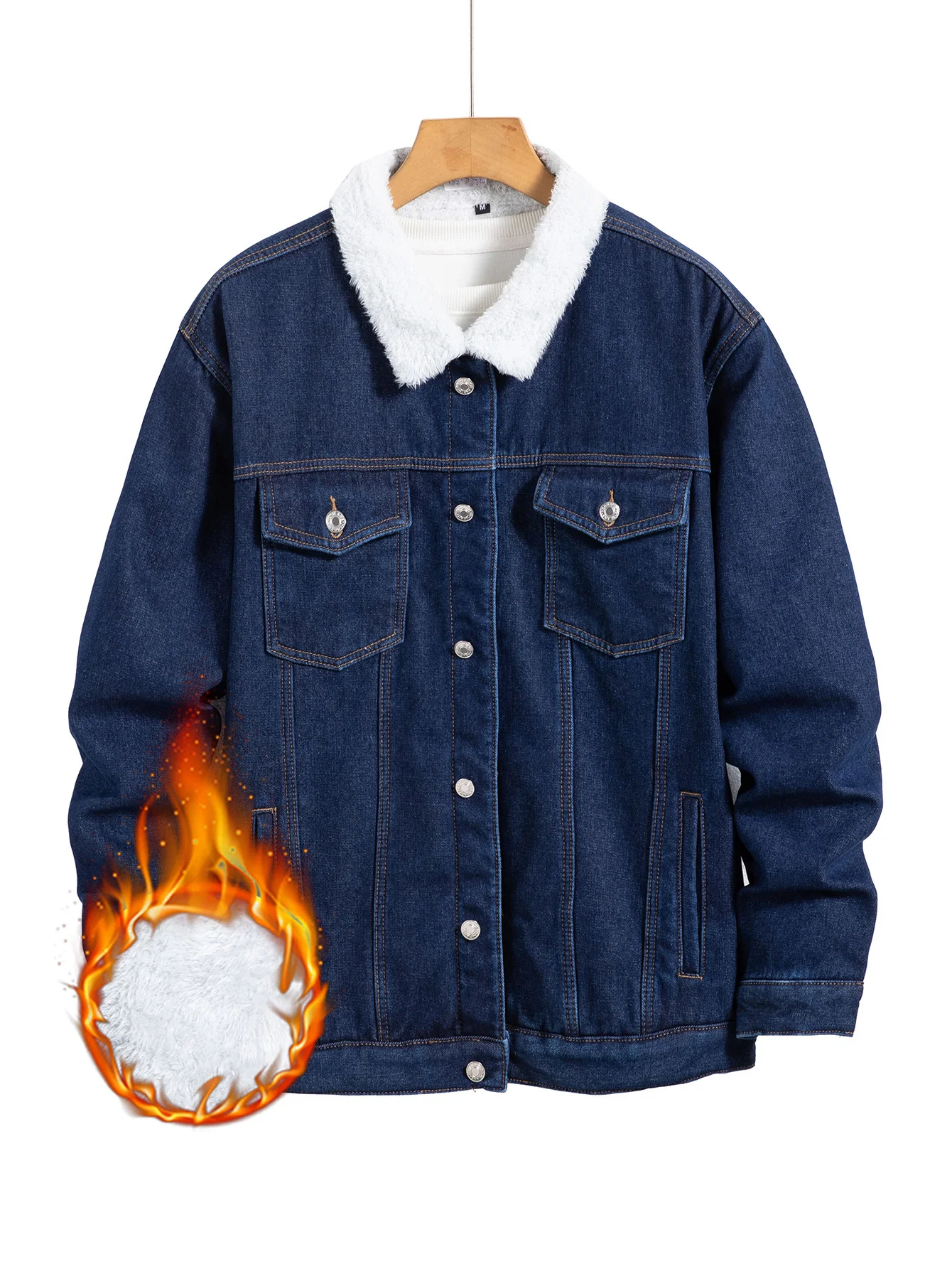 Men's Winter Dark Blue Fleece‑Lined Denim Jacket, Casual Wind‑Resistant Denim Outerwear