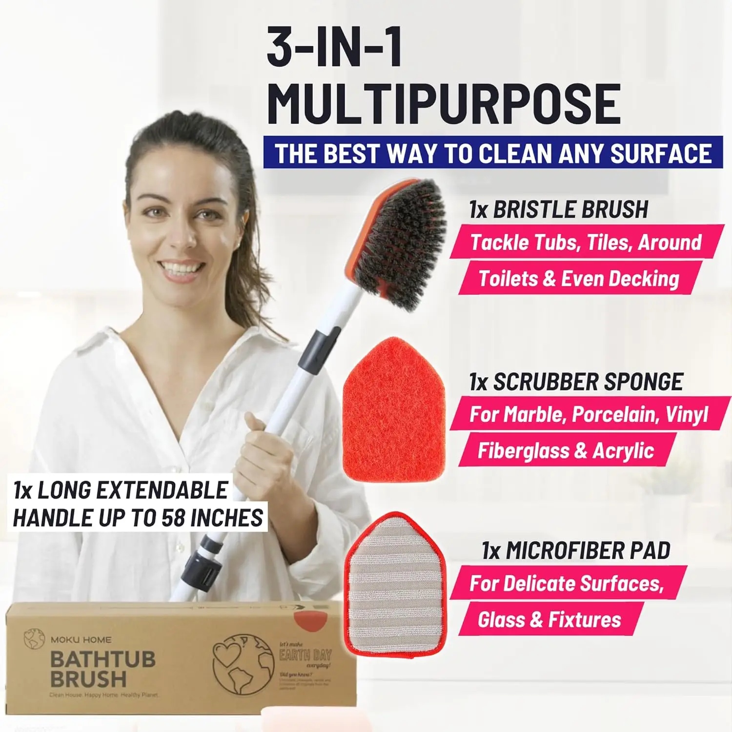 58-inch 3-in-1 long-handled cleaning brush, easily cleans bathroom dead corners without scratching surfaces